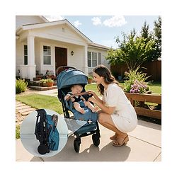 Babyhug Compact Fold Baby Stroller with Trolley Handle & Linked Brake | One-Hand Fold| 5-Point Harness| Multi-Recline Seat| Shock Absorbing Wheels| Concealed Linked Brake  Blue