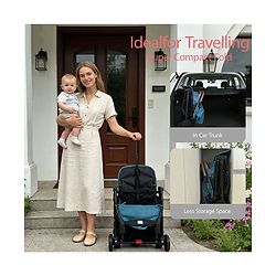 Babyhug Compact Fold Baby Stroller with Trolley Handle & Linked Brake | One-Hand Fold| 5-Point Harness| Multi-Recline Seat| Shock Absorbing Wheels| Concealed Linked Brake  Blue