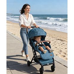 Babyhug Compact Fold Baby Stroller with Trolley Handle & Linked Brake | One-Hand Fold| 5-Point Harness| Multi-Recline Seat| Shock Absorbing Wheels| Concealed Linked Brake  Blue