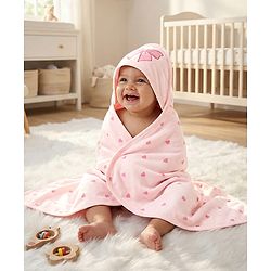 Babyhug Cotton Knit Hooded Towel With Bow Embroidery & Hearts Print - Light Pink
