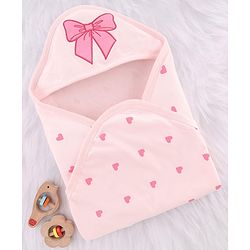 Babyhug Cotton Knit Hooded Towel With Bow Embroidery & Hearts Print - Light Pink