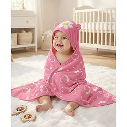 Babyhug Cotton Knit Hooded Wrapper With Floral Print L 65 x B 61 cm - Pink