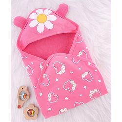 Babyhug Cotton Knit Hooded Wrapper With Floral Print L 65 x B 61 cm - Pink