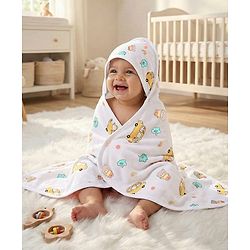 Babyhug Cotton Knit Hooded Wrapper With Vehicles Print L 65 x B 61 cm - White