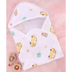Babyhug Cotton Knit Hooded Wrapper With Vehicles Print L 65 x B 61 cm - White