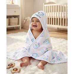 Babyhug Cotton Knit Hooded Wrapper With Animal Print  L 65 x B 61 cm - White