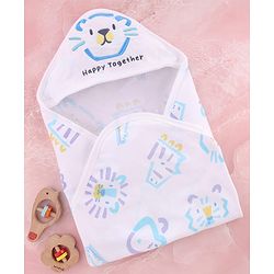 Babyhug Cotton Knit Hooded Wrapper With Animal Print  L 65 x B 61 cm - White