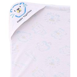Babyhug Cotton Knit Hooded Wrapper With Animal Print  L 65 x B 61 cm - White