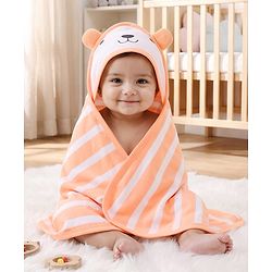 Babyhug Cotton Knit Striped Hooded Wrapper with Ear Applique L 65  X B 61 cm - Peach