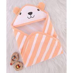 Babyhug Cotton Knit Striped Hooded Wrapper with Ear Applique L 65  X B 61 cm - Peach