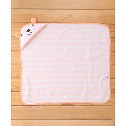 Babyhug Cotton Knit Striped Hooded Wrapper with Ear Applique L 65  X B 61 cm - Peach