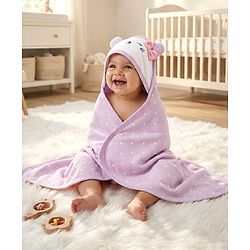 Babyhug Cotton Knit Hooded Wrapper With Polka Dots & Bow Applique L 65 x B 61 cm - Lavender