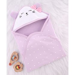 Babyhug Cotton Knit Hooded Wrapper With Polka Dots & Bow Applique L 65 x B 61 cm - Lavender