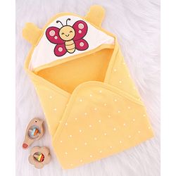 Babyhug Cotton Knit Hooded Wrapper With Butterfly Embroidery & Polka Dots Print L 65 x B 61 cm - Orange