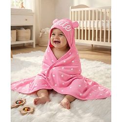 Babyhug Cotton Knit Hooded Wrapper With Hearts Print L 65 x B 61 cm - Pink