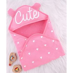 Babyhug Cotton Knit Hooded Wrapper With Hearts Print L 65 x B 61 cm - Pink