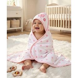 Babyhug Cotton Knit Hooded Towel With Butterfly & Floral Embroidery & Print L 65 x B 61 cm - Lavender