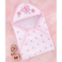 Babyhug Cotton Knit Hooded Towel With Butterfly & Floral Embroidery & Print L 65 x B 61 cm - Lavender