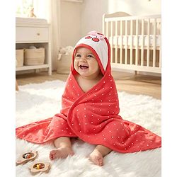 Babyhug Cotton Knit Hooded Wrapper With Polka Dots Print & Bow Applique L 65 x B 61 cm - Red