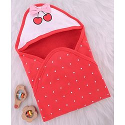 Babyhug Cotton Knit Hooded Wrapper With Polka Dots Print & Bow Applique L 65 x B 61 cm - Red