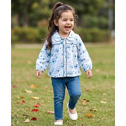 Babyhug Cotton Woven Full Sleeves Floral Printed Top & Jeans Set - Light Blue