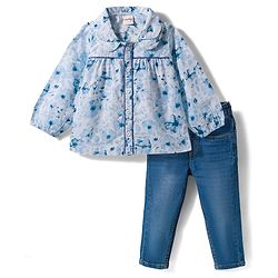 Babyhug Cotton Woven Full Sleeves Floral Printed Top & Jeans Set - Light Blue