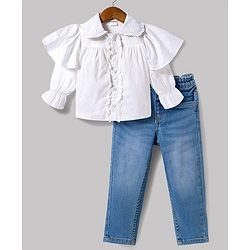Babyhug Cotton Woven Full Sleeves Top & Jeans Set - White & Blue