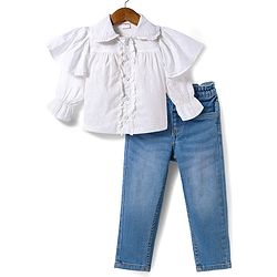 Babyhug Cotton Woven Full Sleeves Top & Jeans Set - White & Blue