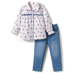 Babyhug Cotton Woven Full Sleeves Floral Printed Top & Jeans Set - Light Blue