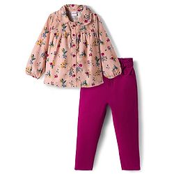 Babyhug Cotton Woven Full Sleeves Top & Lounge Pant Set With Floral Print - Multicolor