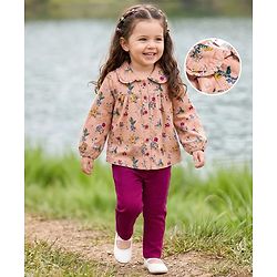 Babyhug Cotton Woven Full Sleeves Top & Lounge Pant Set With Floral Print - Multicolor
