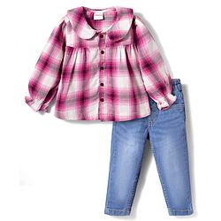 Babyhug Cotton Woven Full Sleeves Checkered Top & Denim Jeans Set - Multicolor