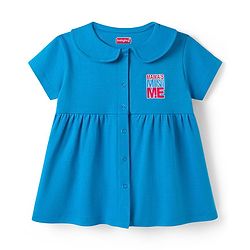 Babyhug Interlock Knit Half Sleeves Frock with Bloomer & Text Print - Blue