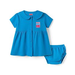 Babyhug Interlock Knit Half Sleeves Frock with Bloomer & Text Print - Blue