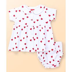 Babyhug 100% Cotton Knit Half Sleeves Polka Dots Printed Frock With Bloomer - White & Red