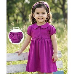 Babyhug 100% Cotton Knit Half Sleeves Solid Frock With Bloomer - Purple