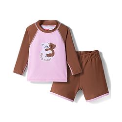 Babyhug Raglan Full Sleeves Bear Printed Two Piece Swimsuit - Pink & Brown