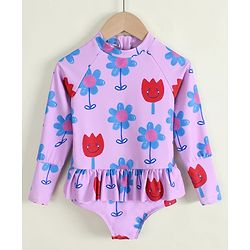 Babyhug Full Raglan Sleeves V Cut Swimsuit with Floral Print - Purple