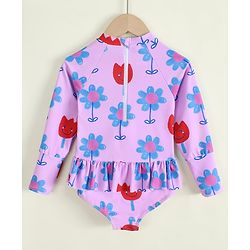 Babyhug Full Raglan Sleeves V Cut Swimsuit with Floral Print - Purple