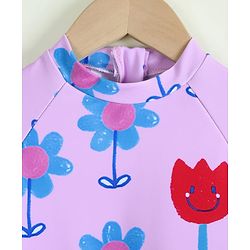 Babyhug Full Raglan Sleeves V Cut Swimsuit with Floral Print - Purple