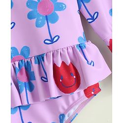 Babyhug Full Raglan Sleeves V Cut Swimsuit with Floral Print - Purple
