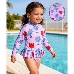 Babyhug Full Raglan Sleeves V Cut Swimsuit with Floral Print - Purple