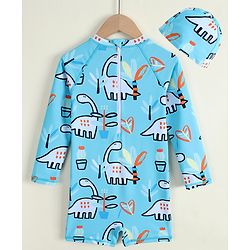Babyhug Raglan Full Sleeves Dino Printed Legged Swimsuit With Cap - Light Blue