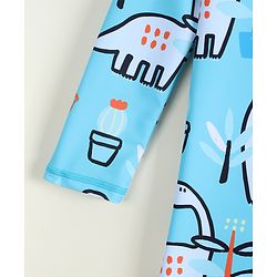 Babyhug Raglan Full Sleeves Dino Printed Legged Swimsuit With Cap - Light Blue