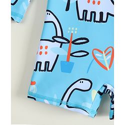 Babyhug Raglan Full Sleeves Dino Printed Legged Swimsuit With Cap - Light Blue