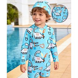 Babyhug Raglan Full Sleeves Dino Printed Legged Swimsuit With Cap - Light Blue