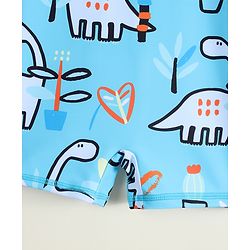 Babyhug Raglan Full Sleeves Dino Printed Legged Swimsuit With Cap - Light Blue