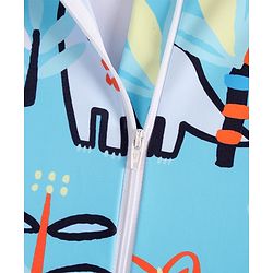 Babyhug Raglan Full Sleeves Dino Printed Legged Swimsuit With Cap - Light Blue