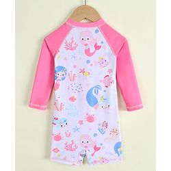 Babyhug Raglan Full Sleeves Sea Life Printed Legged Swimsuit - Pink