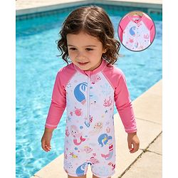 Babyhug Raglan Full Sleeves Sea Life Printed Legged Swimsuit - Pink